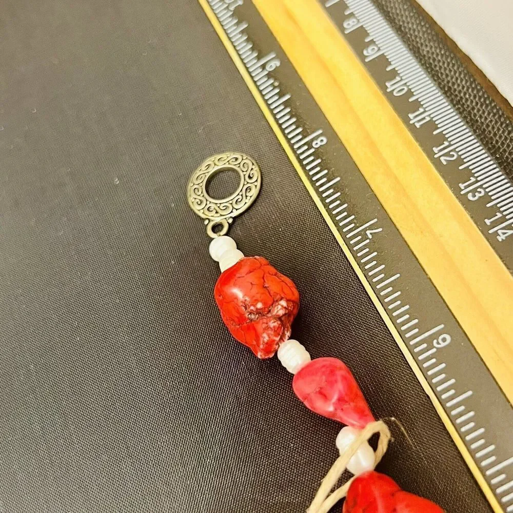 Artisan Bracelet Pearls Pink Red Dyed Howlite Silver Ornate Toggle Clasp 1384